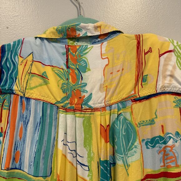Vintage Button Down Tropical Shirt Patchwork Yellow Rayon Beach Women sz 22W - Picture 8 of 9